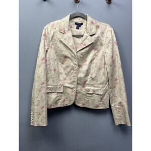 Chaps Blazer Womens Large Pink Floral Print Cottagecore Style Beige Pearl Button